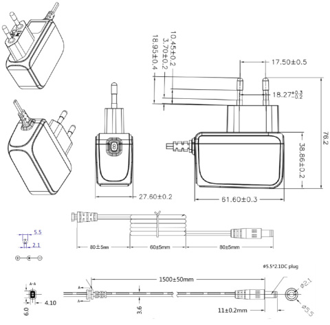 Rysunek techniczny zasilacza ER09W09V z minusem w środku