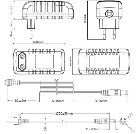 Rysunek techniczny zasilacza wtyczkowego POSB24150A