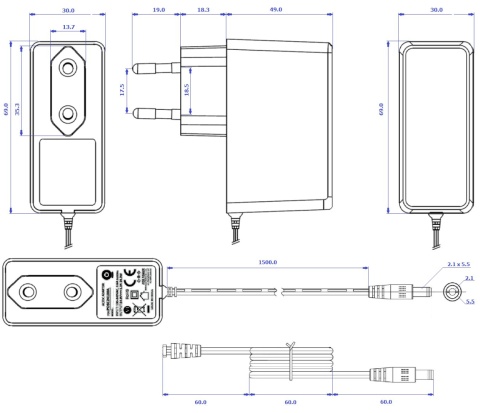 Rysunek techniczny zasilacza wtyczkowego POSC24100A
