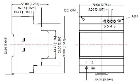 Rysunek techniczny zasilacza na szynę DIN model DL2-100-48-U