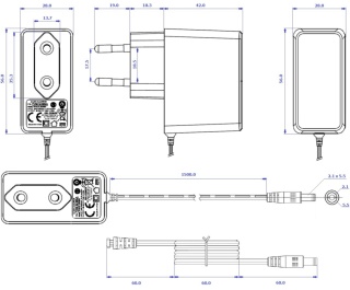 Zasilacz wtyczkowy 12V 12W 1A o wtyku 2.1mm POSC12100A-WH