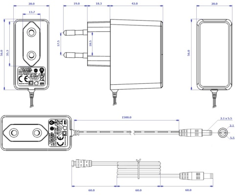 Rysunek techniczny zasilacza wtyczkowego POSC12100A-WH