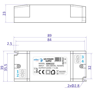 Zasilacz LED 12V 12W 1A meblowy mini Adler ADM1212