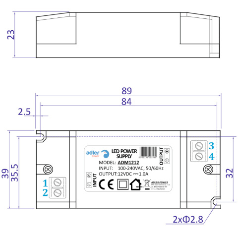 Rysunek techniczny zasilacza led ADM1212 marki Adler