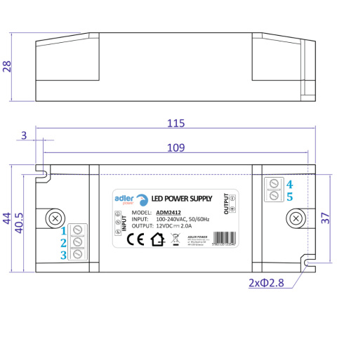 Rysunek techniczny zasilacza led ADM2412 marki Adler