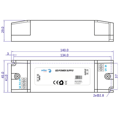 Rysunek techniczny zasilacza led ADM612 marki Adler