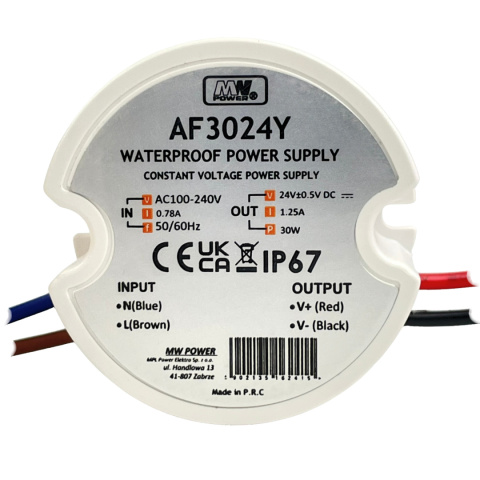 Widok od przodu zasilacza LED do puszki 30W 24V DC 1,25A MW Power