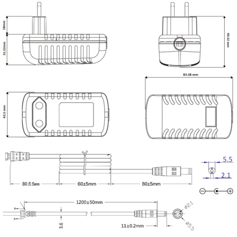 Rysunek techniczny zasilacza POSB09100A z (-) minusem w środku