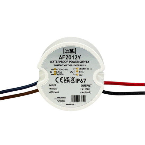 Widok od przodu zasilacza LED do puszki 20W 12V DC 1,67A MW Power