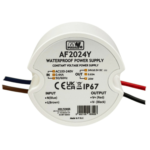 Widok od przodu zasilacza LED do puszki 20W 24V DC 0,83A MW Power