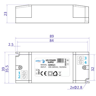 Zasilacz LED 24V 12W 0.5A meblowy mini Adler ADM1224