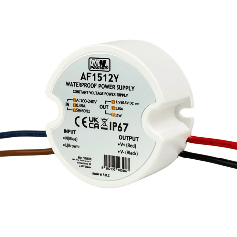 Widok boczny zasilacza LED do puszki 15W 12V DC 1,25A MW Power