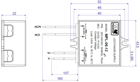 Rysunek techniczny zasilacza LED puszkowego MW Power MPL-06-12