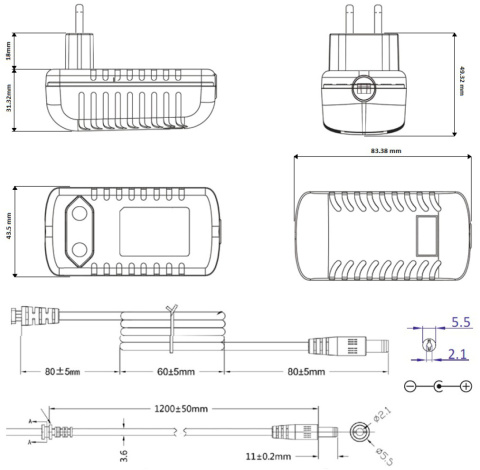 Zasilacz wtyczkowy 5V 2A 10W POSB05200A rysunek techniczny