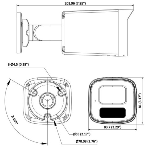 Rysunek techniczny kamery IP Hikvision ColorVu tubowej PoE 4Mpx Rysunek techniczny kamery IP Hikvision ColorVu tubowej PoE 4Mpx
