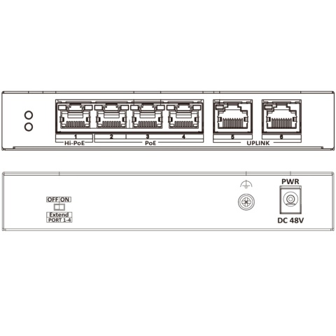 Rysunek techniczny switcha POE 4 port do kamer Hikvision Hi-PoE DS-3E0106HP-E Rysunek techniczny switcha POE 4 port do kamer Hikvision Hi-PoE DS-3E0106HP-E
