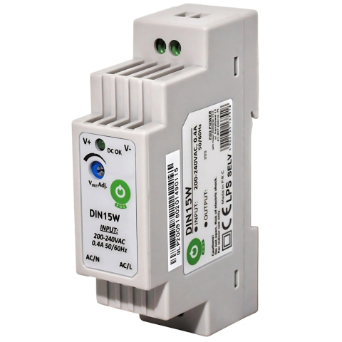 Zasilacz 15V DC 1A 15W na szynę DIN regulowany DC DIN15W15 Zasilacz 15V DC 1A 15W na szynę DIN regulowany DC DIN15W15
