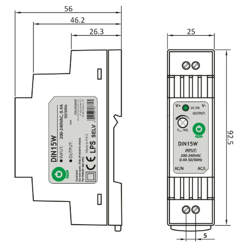Zasilacz 15V DC 1A 15W na szynę DIN regulowany DC DIN15W15 rysunek techniczny Zasilacz 15V DC 1A 15W na szynę DIN regulowany DC DIN15W15 rysunek techniczny