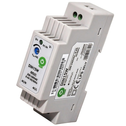 Zasilacz zamontowany na szynie DIN 10W 5V widok od przodu