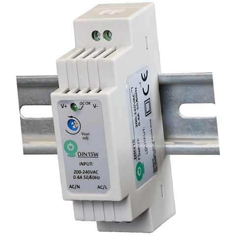 Zasilacz zamontowany na szynie DIN 10W 5V widok od przodu