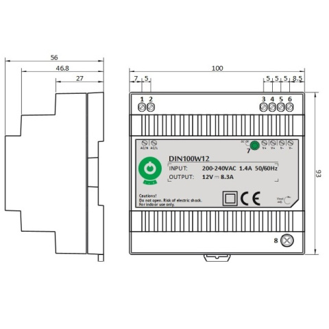 Rysunek techniczny zasilacza DIN100W12