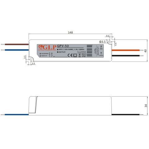 Rysunek techniczny zasilacza GPV-50-12 Rysunek techniczny zasilacza GPV-50-12