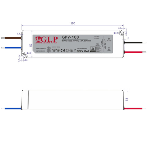 Rysunek techniczny zasilacza GPV-100-24