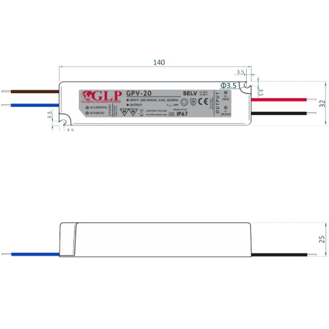 Rysunek techniczny zasilacza GPV-20-24 Rysunek techniczny zasilacza GPV-20-24