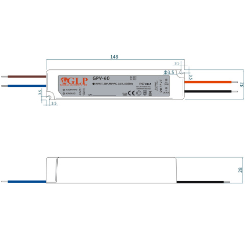 Rysunek techniczny zasilacza GPV-60-24E Rysunek techniczny zasilacza GPV-60-24E
