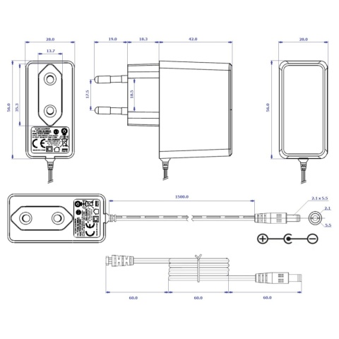 Zasilacz wtyczkowy 15V 1A 15W impulsowy DC POSC15100A rysunek techniczny Zasilacz wtyczkowy 15V 1A 15W impulsowy DC POSC15100A rysunek techniczny