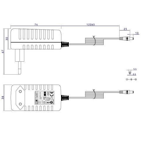 Zasilacz wtyczkowy 9V 9W 1A impulsowy EB0909 rysunek techniczny Zasilacz wtyczkowy 9V 9W 1A impulsowy EB0909 rysunek techniczny