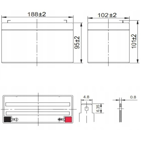 Rysunek techniczny akumulatora 24V AGM 10Ah VRLA bezobsługowego
