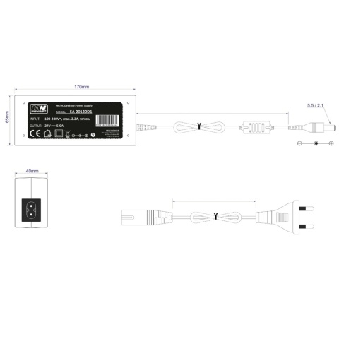 Zasilacz wtyczkowy 24V 120W 5A desktop impulsowy + kabel EA 20120D1